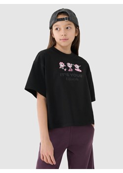 Dziewczęcy crop top z nadrukiem4F 4FJRSS25TTSHF2587 - czarny ze sklepu Sportstylestory.com w kategorii Bluzki dziewczęce - zdjęcie 179707987