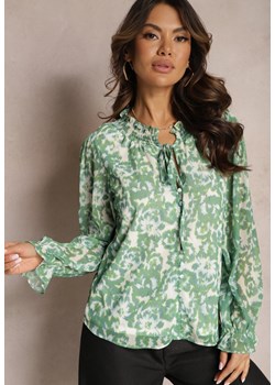 Zielona Koszula w Kwiaty z Falbanką przy Dekolcie i Rękawach Navy ze sklepu renee.pl w kategorii Koszule damskie - zdjęcie 179852979