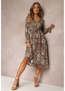 Brązowo-Beżowa Sukienka Midi z Wzorem Paisley i Gumką w Talii Alynthe ze sklepu renee.pl w kategorii Sukienki - zdjęcie 179854498