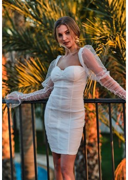 Biała Dopasowana Sukienka z Siateczki i Marszczeniem Myajane ze sklepu renee.pl w kategorii Sukienki - zdjęcie 179858249
