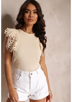 Jasnobeżowy Top z Bawełny z Ozdobną Koronką  Adexis ze sklepu renee.pl w kategorii Bluzki damskie - zdjęcie 179858738