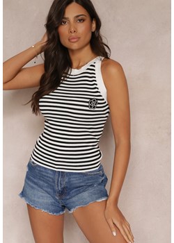 Biało-Czarny Top z Wiskozy w Paski z Ozdobną Broszką Dinette ze sklepu renee.pl w kategorii Bluzki damskie - zdjęcie 179863598