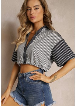 Czarna Bluzka Krótka w Stylu Retro na Guziki Ozdobiona Paskami Fito ze sklepu renee.pl w kategorii Bluzki damskie - zdjęcie 179867556