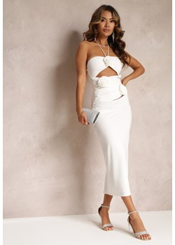 Biała Sukienka Midi z Wiązaniem i Wycięciem Ozdobiona Kwiatami Zanephone ze sklepu renee.pl w kategorii Sukienki - zdjęcie 179868397