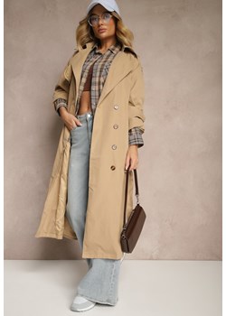 Beżowy Płaszcz o Wydłużonym Fasonie Trencza z Guzikami i Paskiem Dennime ze sklepu renee.pl w kategorii Płaszcze damskie - zdjęcie 179873688