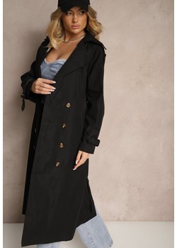 Czarny Płaszcz o Wydłużonym Fasonie Trencza z Guzikami i Paskiem Dennime ze sklepu renee.pl w kategorii Płaszcze damskie - zdjęcie 179873698