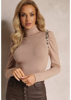 Ciemnobeżowy Sweter Golf z Perełkami Przy Bufiastych Rękawach Hutta ze sklepu renee.pl w kategorii Swetry damskie - zdjęcie 179874065