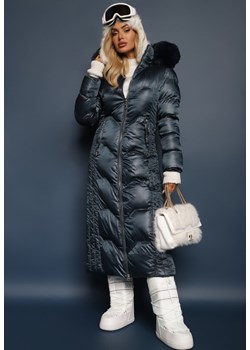 Ciemnozielona Kurtka Płaszcz z Ozdobnym Pikowaniem z Kapturem z Futerkiem i Marszczeniami Larian ze sklepu renee.pl w kategorii Płaszcze damskie - zdjęcie 179877729