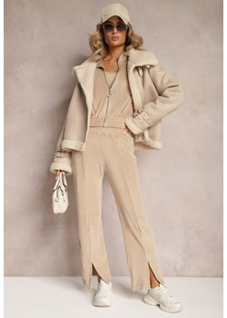 Beżowy Welurowy Komplet Dresowy z Bluzą i Spodniami Lunamea ze sklepu renee.pl w kategorii Dresy damskie - zdjęcie 179880126