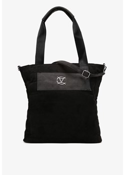 Czarna Torebka Trapezowa ze Wstawką z Ekozamszu i Metalową Ozdobą  Foruzja ze sklepu renee.pl w kategorii Torby Shopper bag - zdjęcie 179882346