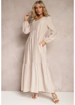 Beżowa Rozkloszowana Sukienka Pudełkowa Maxi z Ozdobnymi Guzikami Nervatti ze sklepu renee.pl w kategorii Sukienki - zdjęcie 179882779