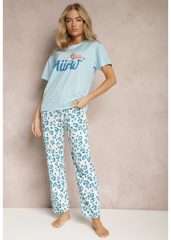 Jasnoniebieski Komplet Piżamowy T-shirt z Nadrukiem i Proste Spodnie w Cętki i Szorty Nirelsa ze sklepu renee.pl w kategorii Piżamy damskie - zdjęcie 179884106