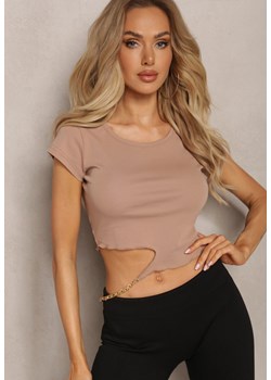 Ciemnobeżowy T-shirt z Bawełny Ozdobiony Wycięciem i Łańcuszkiem Sparkina ze sklepu renee.pl w kategorii Bluzki damskie - zdjęcie 179885697