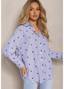 Granatowa Bawełniana Koszula Ozdobiona Wzorem w Cienkie Paski i Serduszka Vatille ze sklepu renee.pl w kategorii Koszule damskie - zdjęcie 179886519