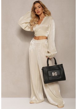 Czarna Torebka z Podwójną Rączką Naszytą Komorą i Metalowymi Detalami Htirma ze sklepu renee.pl w kategorii Kuferki - zdjęcie 179888909