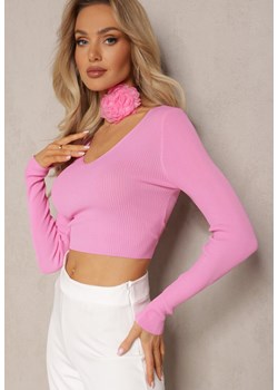 Fuksjowa Prążkowana Bluzka o Krótkim Fasonie Choker z Kwiatem w Komplecie Laindera ze sklepu renee.pl w kategorii Bluzki damskie - zdjęcie 179891478