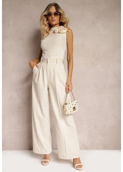 Jasnobeżowe Szerokie Spodnie High Waist Seraphella ze sklepu renee.pl w kategorii Spodnie damskie - zdjęcie 179891549