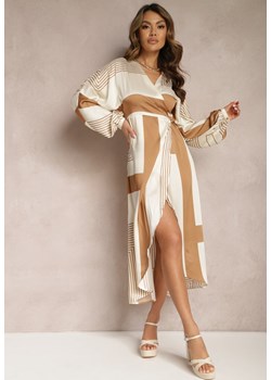 Beżowa Kopertowa Sukienka Kimono Wiązana w Talii Ozdobiona Geometrycznym Wzorem Erostta ze sklepu renee.pl w kategorii Sukienki - zdjęcie 179891779