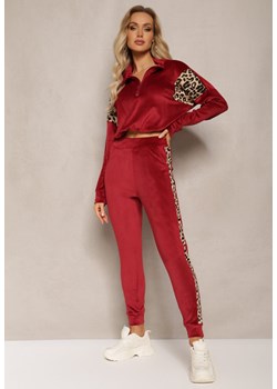 Bordowy Komplet Dresowy z Weluru z Krótką Bluzą i Spodniami Joggerami z Panterkowym Wzorem Limitta ze sklepu renee.pl w kategorii Dresy damskie - zdjęcie 179892988