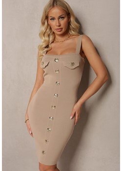 Beżowa Sukienka Prążkowana na Ramiączkach z Guzikami Pasinne ze sklepu renee.pl w kategorii Sukienki - zdjęcie 179893475