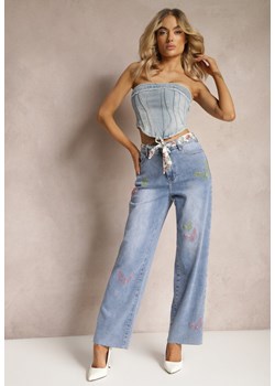 Jasnoniebieskie Bawełniane Jeansy High Waist o Szerokim Kroju z Paskiem i Haftami Kelisaria ze sklepu renee.pl w kategorii Jeansy damskie - zdjęcie 179893866