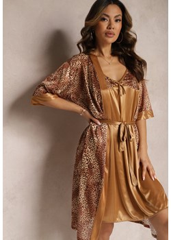 Brązowy Komplet Piżamowy ze Szlafrokiem i Elegancką Koszulą Nocną w Drobne Cętki Seraphim ze sklepu renee.pl w kategorii Koszule nocne - zdjęcie 179896335