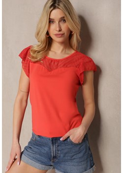 Czerwony Elegancki T-shirt Bluzka z Bawełny z Przezroczystymi Wstawkami Biopara ze sklepu renee.pl w kategorii Bluzki damskie - zdjęcie 179902367