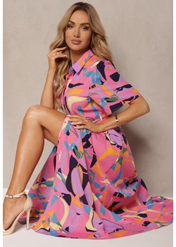 Różowa Koszulowa Sukienka w Abstrakcyjny Print z Materiałowym Paskiem w Talii Archbia ze sklepu renee.pl w kategorii Sukienki - zdjęcie 179905158