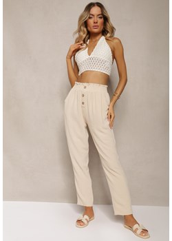 Beżowe Spodnie Typu Paper Bag High Waist z Gumką w Talii Salvavia ze sklepu renee.pl w kategorii Spodnie damskie - zdjęcie 179913107