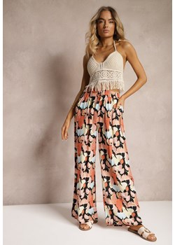 Pomarańczowo-Czarne Szerokie Spodnie z Wiskozy High Waist w Kwiaty Wykończone Gumką w Talii Dennea ze sklepu renee.pl w kategorii Spodnie damskie - zdjęcie 179915045