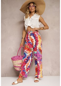 Czerwono-Niebieskie Wiskozowe Spodnie o Szerokim Kroju High Waist Tie Dye z Gumką w Talii Nalflea ze sklepu renee.pl w kategorii Spodnie damskie - zdjęcie 179915065