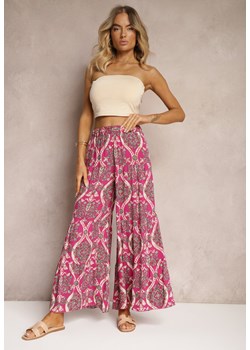 Fuksjowe Spodnie z Wiskozy z Szerokimi Nogawkami High Waist Wykończone Gumką w Talii Risettasmi ze sklepu renee.pl w kategorii Spodnie damskie - zdjęcie 179915986