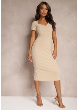 Beżowa Koktajlowa Sukienka o Dopasowanym Kroju z Dodatkiem Wiskozy i Rozporkiem Dastorea ze sklepu renee.pl w kategorii Sukienki - zdjęcie 179916278