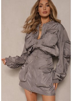 Szary Komplet Kurtka Bomberka z Marszczeniem na Rękawach Spódnica Ozdobiona Kieszeniami Dlisera ze sklepu renee.pl w kategorii Komplety i garnitury damskie - zdjęcie 179919505