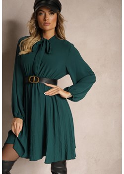 Ciemnozielona Plisowana Sukienka o Eleganckim Kroju z Wiązaniem przy Dekolcie i Gumką w Pasie Belorinda ze sklepu renee.pl w kategorii Sukienki - zdjęcie 179926356