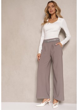 Szare Garniturowe Spodnie High Waist z Gumką i Dodatkowym Paskiem w Talii  Mattine ze sklepu renee.pl w kategorii Spodnie damskie - zdjęcie 179929136