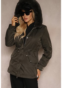 Ciemnozielona Kurtka Typu Parka z Kapturem i Futerkiem z Możliwością Odpięcia Marindria ze sklepu renee.pl w kategorii Parki damskie - zdjęcie 179929775
