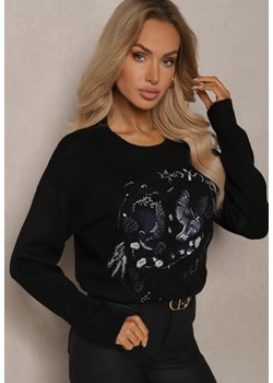 Czarny Sweter Ozdobiony Haftowanym Wzorem w Ptaki Inarielle ze sklepu renee.pl w kategorii Swetry damskie - zdjęcie 179930009