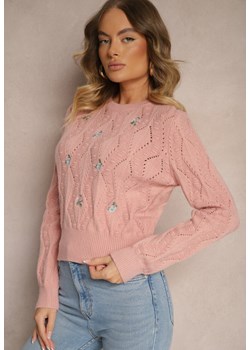 Różowy Sweter z Haftowanymi Kwiatkami i Tłoczeniem Innara ze sklepu renee.pl w kategorii Swetry damskie - zdjęcie 179931429