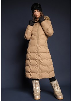 Beżowa Kurtka Zimowa z Pikowanymi Przeszyciami i Kapturem z Futrem Alirina ze sklepu renee.pl w kategorii Kurtki damskie - zdjęcie 179931756