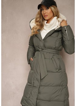 Zielona Długa Kurtka Pikowana z Kapturem Wiązana w Pasie Neanethra ze sklepu renee.pl w kategorii Kurtki damskie - zdjęcie 179933967
