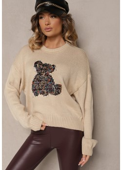 Beżowy Wiskozowy Sweter z Cekinami i Motywem Misia Nyrimi ze sklepu renee.pl w kategorii Swetry damskie - zdjęcie 179938259