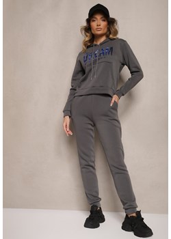 Ciemnoszary Ocieplany Komplet Dresowy Bawełniany Spodnie Joggery i Bluza Zdobiona Nadrukiem Filoira ze sklepu renee.pl w kategorii Dresy damskie - zdjęcie 179938755