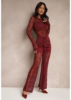 Bordowy Komplet z Koronki Zdobiony Trenem Spodnie o Szerokim Kroju i Bluzka Longsleeve Feladi ze sklepu renee.pl w kategorii Komplety i garnitury damskie - zdjęcie 179938899