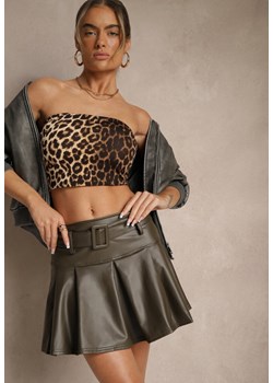 Ciemnozielona Ocieplana Rozkloszowana Spódnica High Waist o Plisowanym Kroju z Ekoskóry z Paskiem Asitha ze sklepu renee.pl w kategorii Spódnice - zdjęcie 179940987