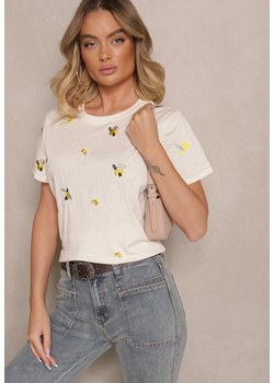 Beżowy Bawełniany T-shirt z Ozdobnym Haftem Falvivi ze sklepu renee.pl w kategorii Bluzki damskie - zdjęcie 179943235