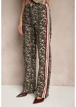 Beżowo-Brązowe Szerokie Bawełniane Jeansy z Lampasami Anilora - id: H873-473-LEOPARD - marki Renee - 179944776 Beżowo-Brązowe Szerokie Bawełniane Jeansy z Lampasami Anilora ze sklepu renee.pl w kategorii Jeansy damskie - zdjęcie 179944776