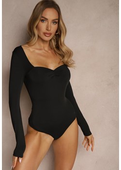 Czarne Body Longsleeve z Wiskozą z Ozdobnym Marszczeniem Ninaviria ze sklepu renee.pl w kategorii Bluzki damskie - zdjęcie 179946306