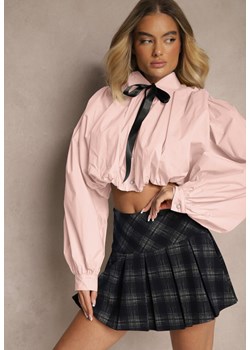 Różowa Bufiasta Koszula z Bawełny w Stylu Retro z Ozdobną Kokardą Frulla ze sklepu renee.pl w kategorii Koszule damskie - zdjęcie 179949309