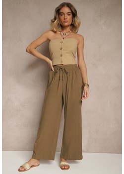 Jasnobrązowe Spodnie High Waist Szerokie z Bawełny Wiązane w Pasie z Gumką w Talii Yaslio ze sklepu renee.pl w kategorii Spodnie damskie - zdjęcie 179958639